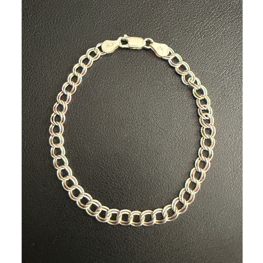 Vintage Sterling Silver Charm Bracelet Italy 925 Polished Double Link Chain